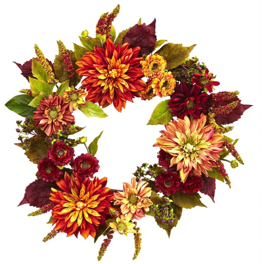 Nearly Natural 22” Dahlia & Mum Wreath Realistic Fall Artificial Decor